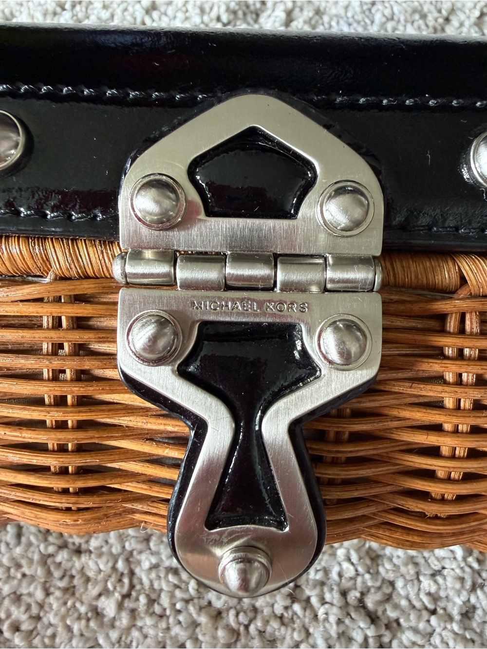 Michael Kors Wicker Mini Clutch with Black Leather Trim and Silver Lock - Picture 2 of 4